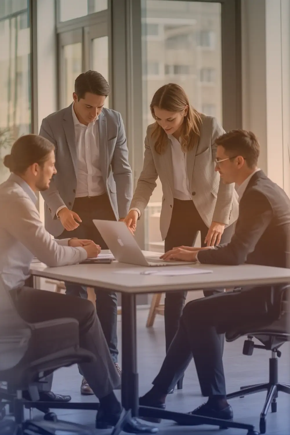 Four business personnel working together.